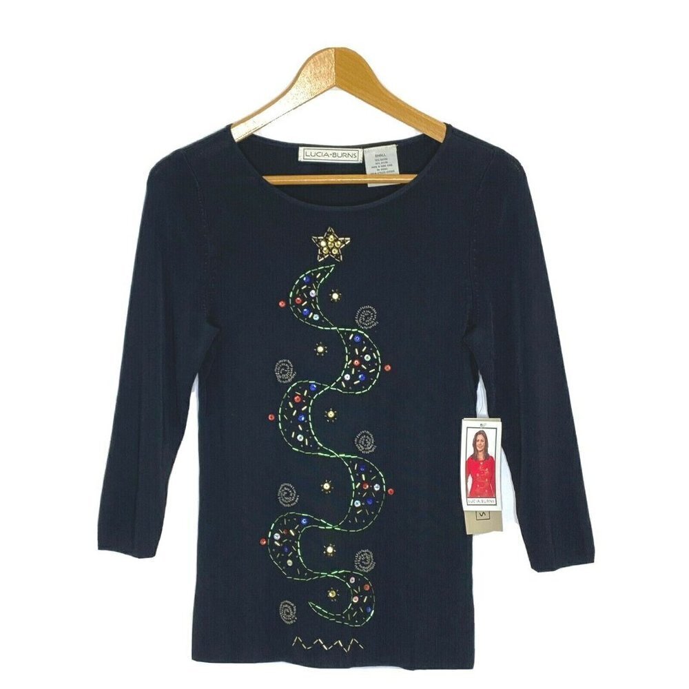 Lucia Burns size Small 3/4 Sleeve Fine Knit Embellished Christmas Top Black Xmas